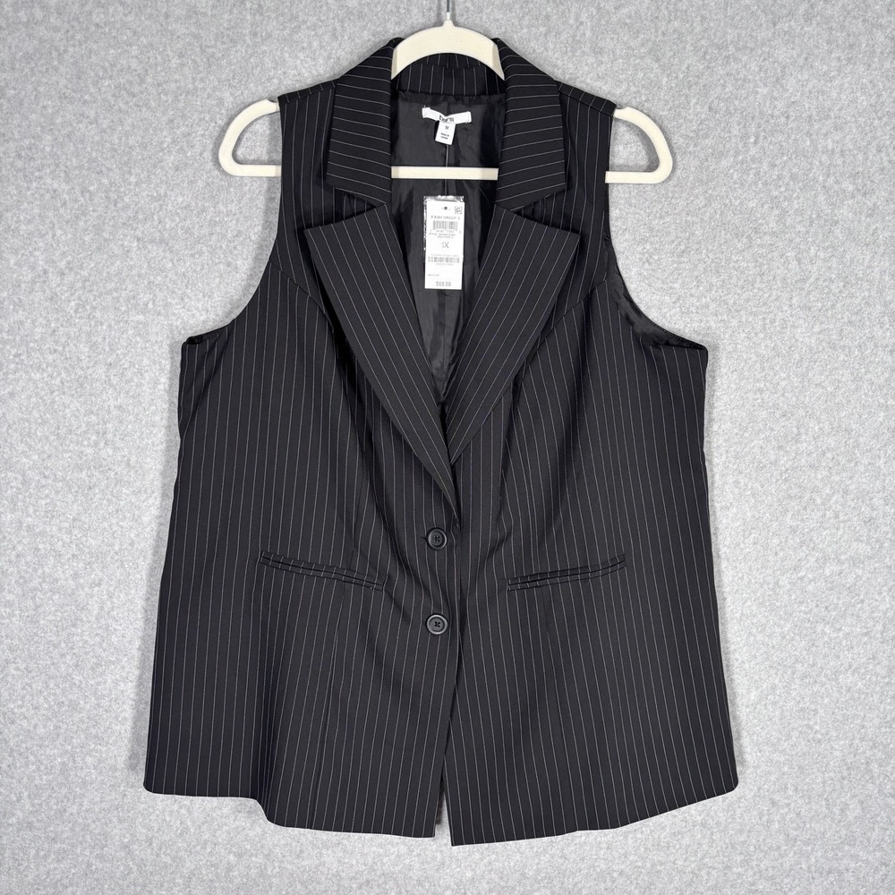 NEW $70 Bar III Pinstripe Blazer Vest 1X Black Longline Masculine Tailored
